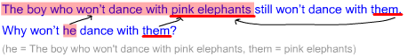 The boy who won't dance with pink elephants still won't dance with them. Why won't he dance with them? (He = the boy who won't dance with pink elephants, them = pink elephants)